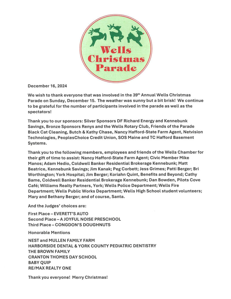 Wells Christmas Parade - Thank you from Wells Chamber of Commerce